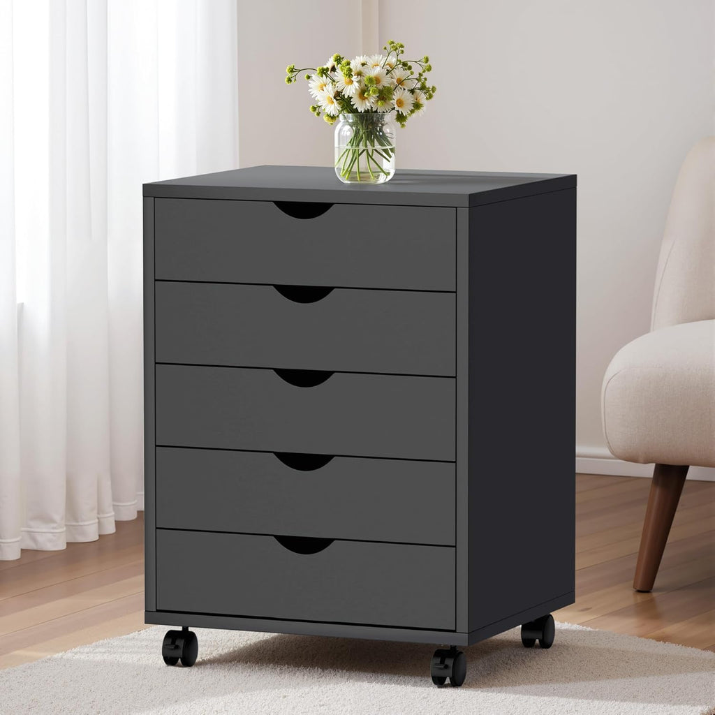 5 Drawer Mobile File Cabinet Under Desk Storage Organization with Wheels Vertical Filing Chest Rolling Wood Small Desk Printer Stand for Home Office, White