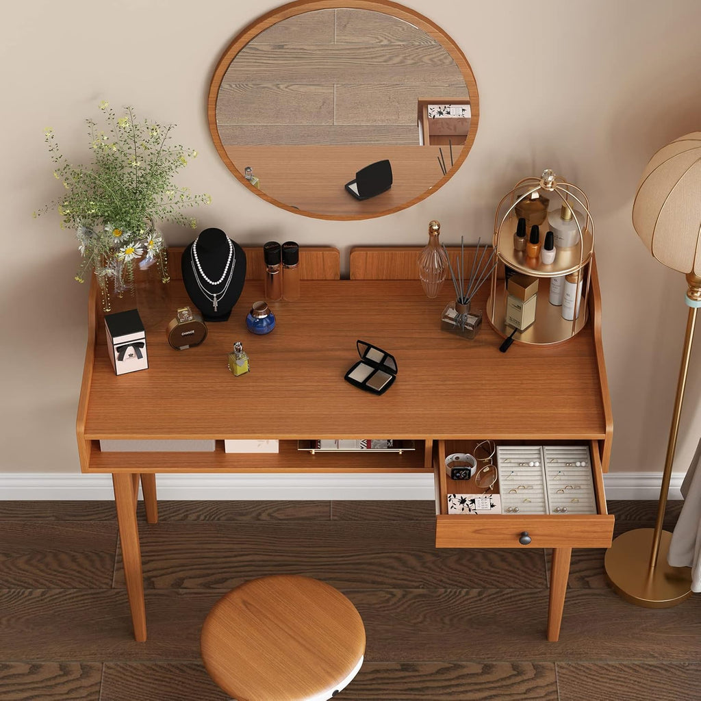Vintage-Style Desk with Scandinavian Flair, Computer or Laptop Desk, Writing Desk with Drawer and Open Storage Cubby, Small Space Dressing Table