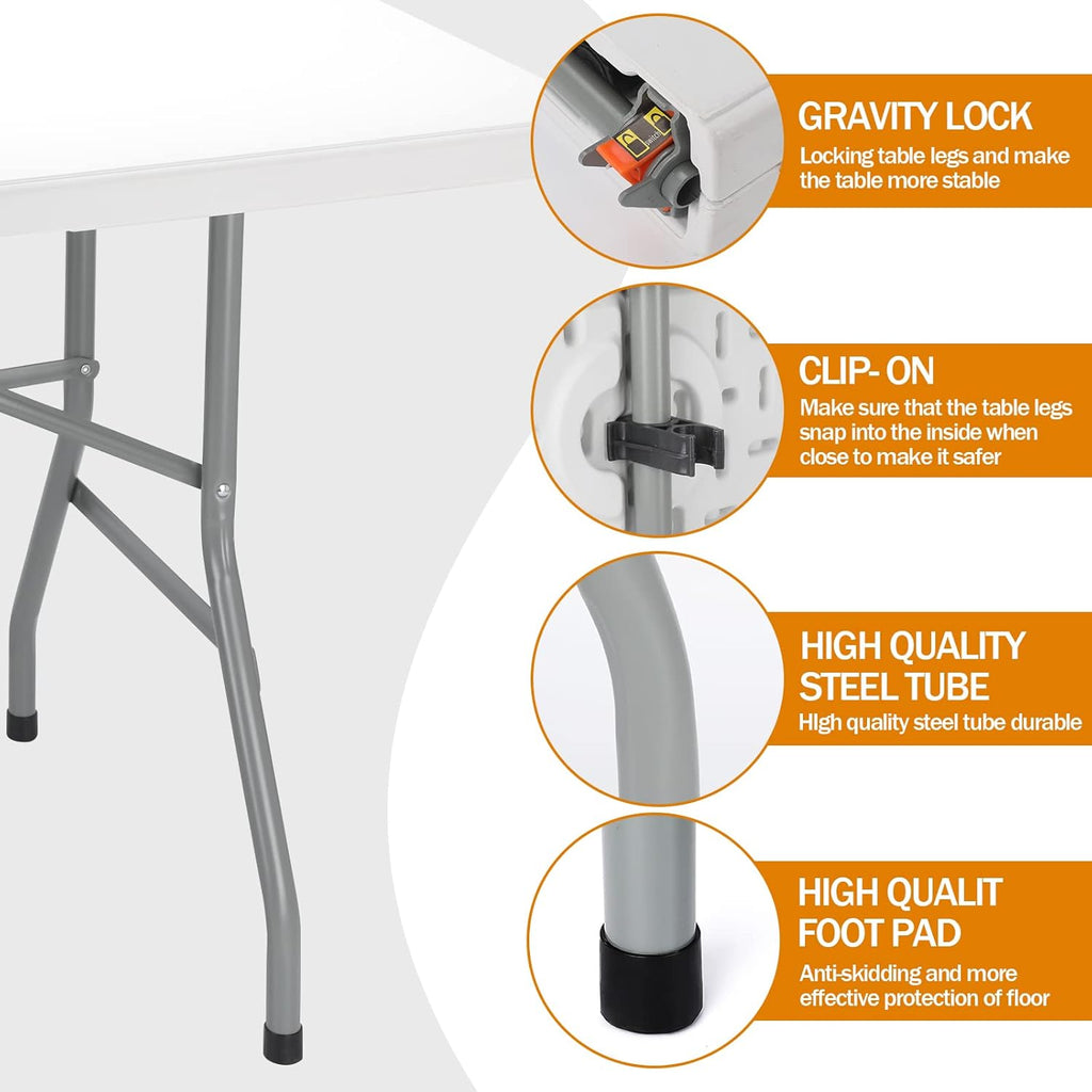 Folding Table 6ft Plastic Table Indoor & Outdoor for Picnic, Camping,BBQ and Party, with Powder Coated Steel Legs and Built in Carry Handle, White