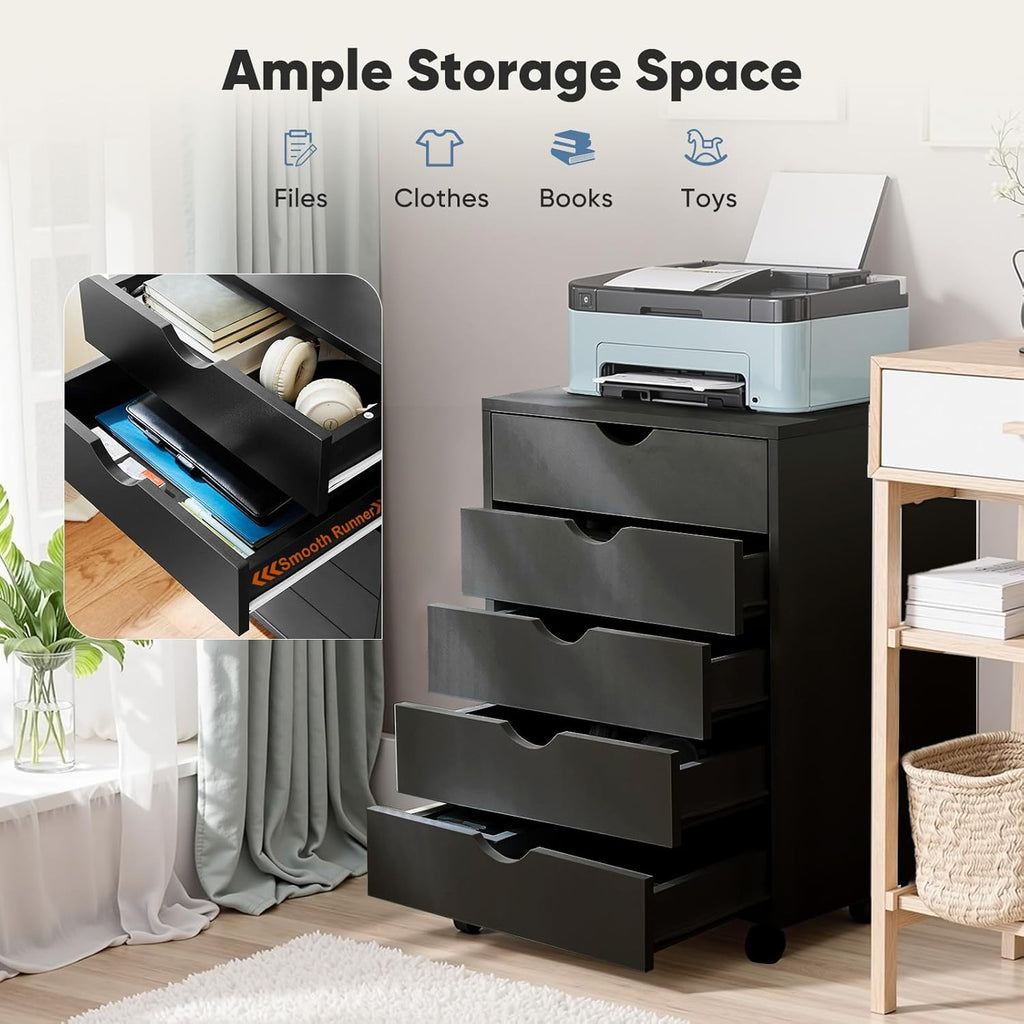 OLIXIS 5 Drawer Mobile File Cabinet Under Desk Storage Organization with Wheels Vertical Filing Chest Rolling Wood Small Desk Printer Stand for Home Office, 15.75"D x 18.74"W x 25.39"H, Black