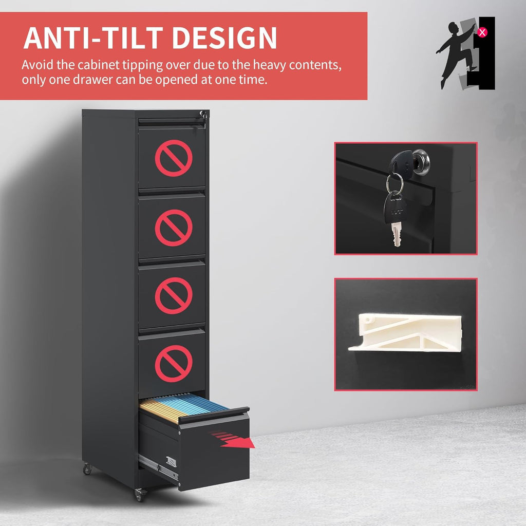 5 Drawer File Cabinet with Wheels,Metal Mobile Filing Cabinets with Lock,Black Rolling File Cabinet for Home Office,Heavy Duty Storage Cabinet for A4/Letter/Legal Size File,Assembly Required