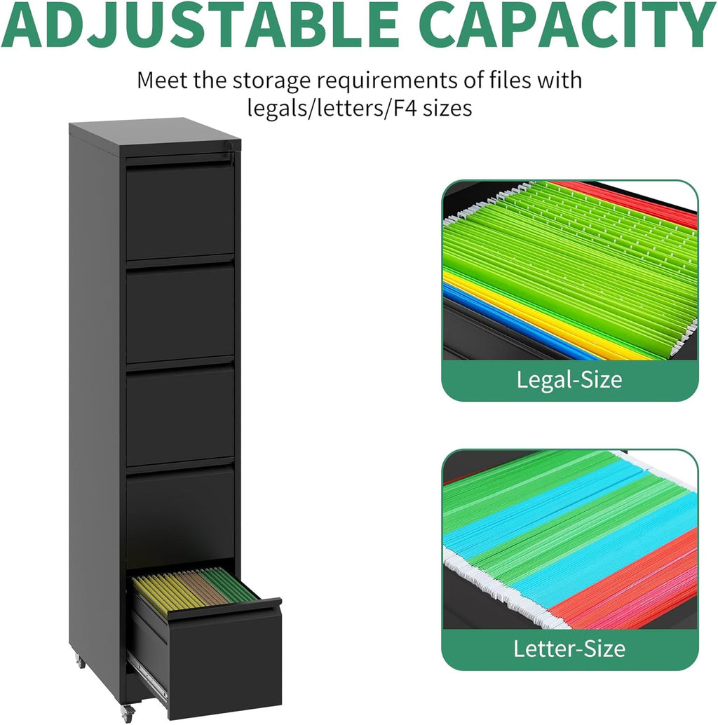 5 Drawer Mobile File Cabinet, Under Desk File Cabinet,Metal Filing Cabinets with Lock for Home Office Organizer Letter/Legal/A4,Require Assembly (Black)