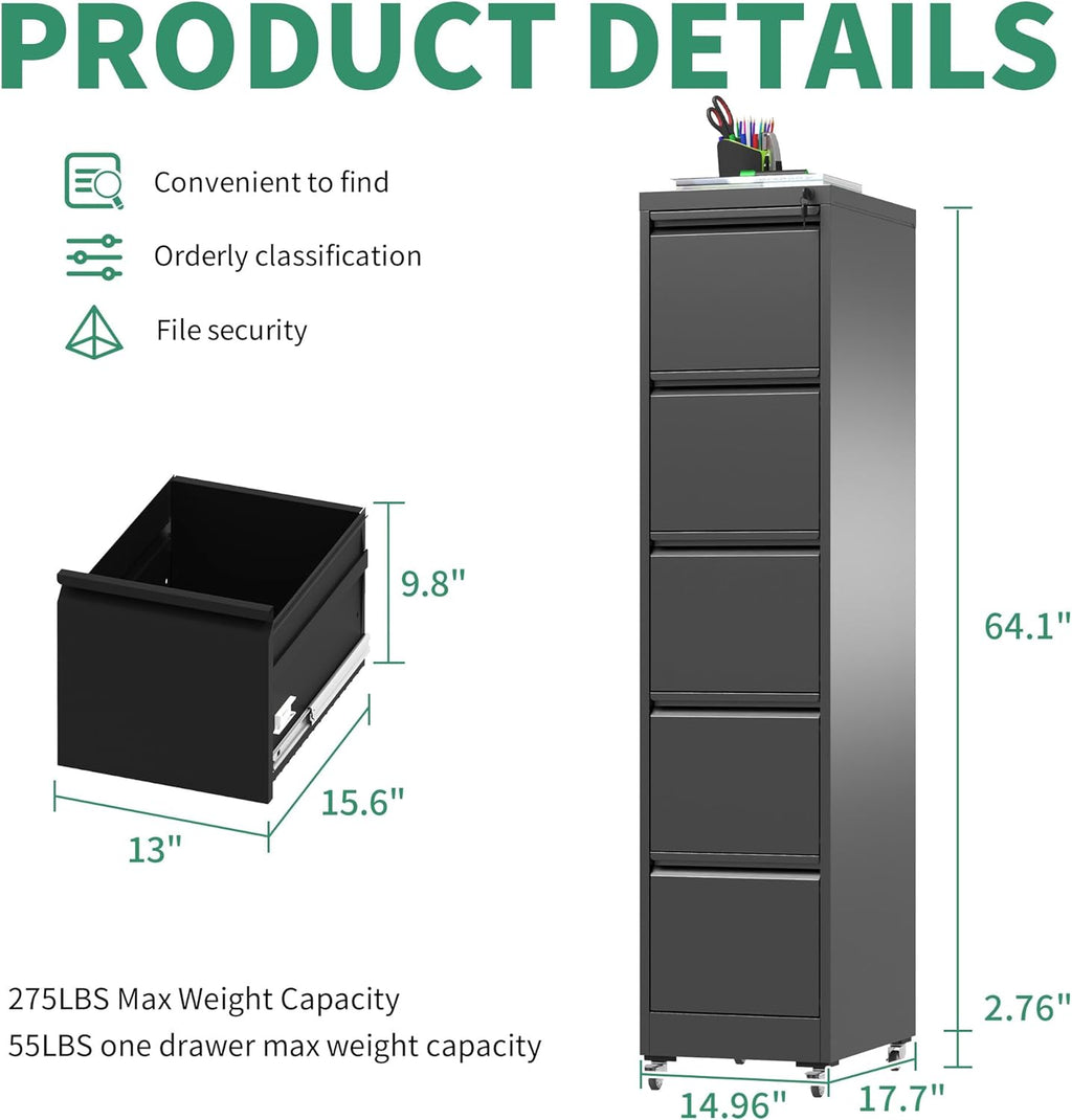 5 Drawer Mobile File Cabinet, Under Desk File Cabinet,Metal Filing Cabinets with Lock for Home Office Organizer Letter/Legal/A4,Require Assembly (Black)