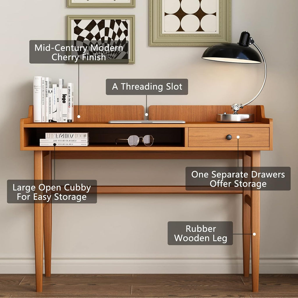 Vintage-Style Desk with Scandinavian Flair, Computer or Laptop Desk, Writing Desk with Drawer and Open Storage Cubby, Small Space Dressing Table
