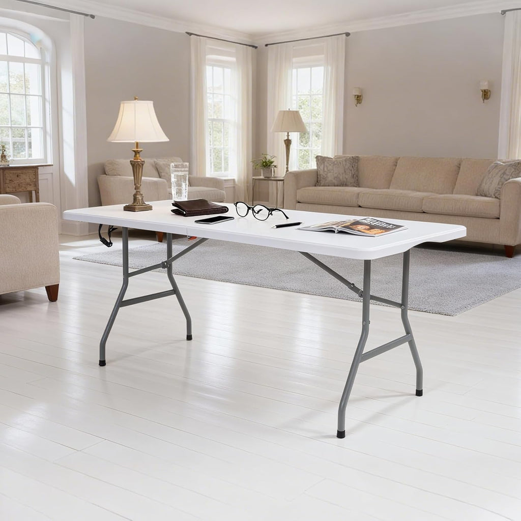 Folding Table 6ft Plastic Table Indoor & Outdoor for Picnic, Camping,BBQ and Party, with Powder Coated Steel Legs and Built in Carry Handle, White