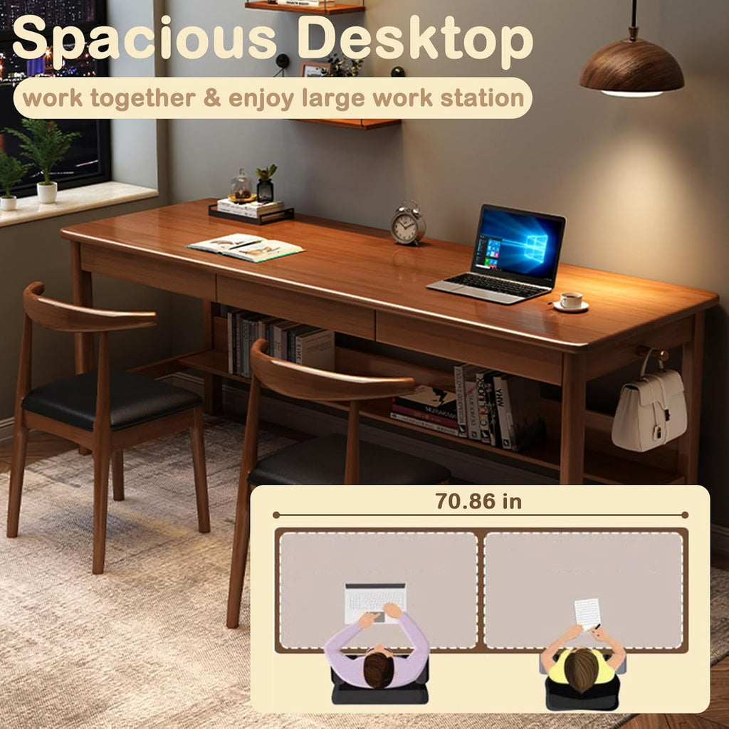 70.86" Long Solid Wood Desk with 3 Drawers Home Office Computer Desk Mid Century Modern Large Study Writing Desk Simple Real Wood Desk Study Table Workstation, Walnut