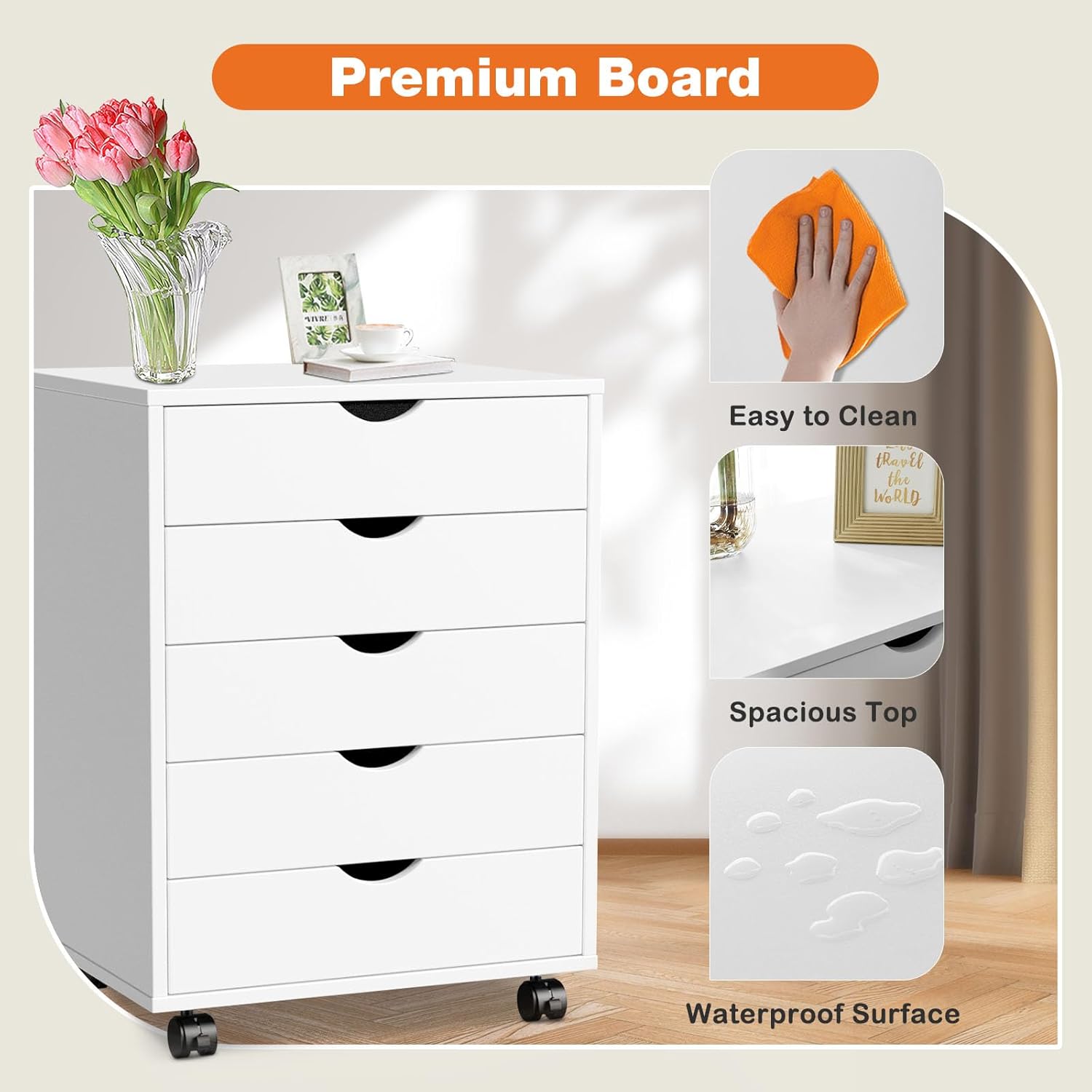 5 Drawer Mobile File Cabinet Under Desk Storage Organization with Wheels Vertical Filing Chest Rolling Wood Small Desk Printer Stand for Home Office, White