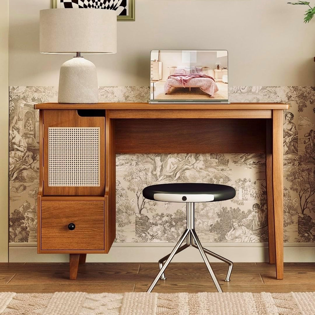 Vintage-Style Desk with Scandinavian Flair, Computer or Laptop Desk, Writing Desk with Drawer and Open Storage Cubby, Small Space Dressing Table