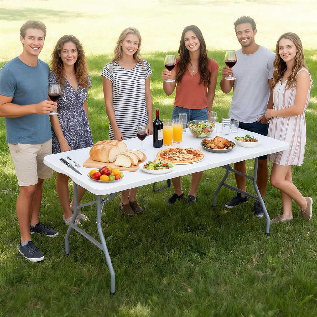 Folding Table 6ft Plastic Table Indoor & Outdoor for Picnic, Camping,BBQ and Party, with Powder Coated Steel Legs and Built in Carry Handle, White