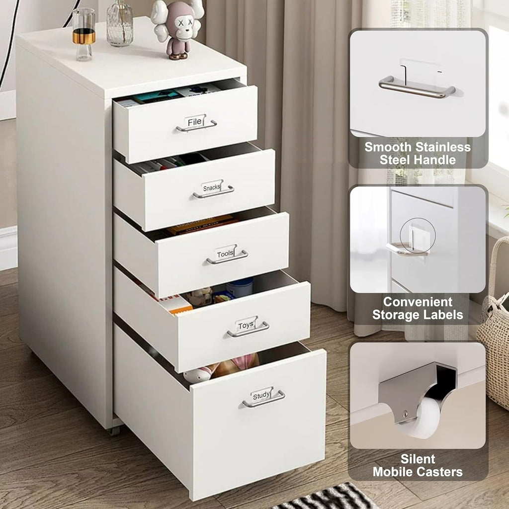 5 Drawer Metal File Cabinet, Under Desk Storage Organization with Wheels, Mobile Room Organization Furniture, Printer Stand for Home Office, Green