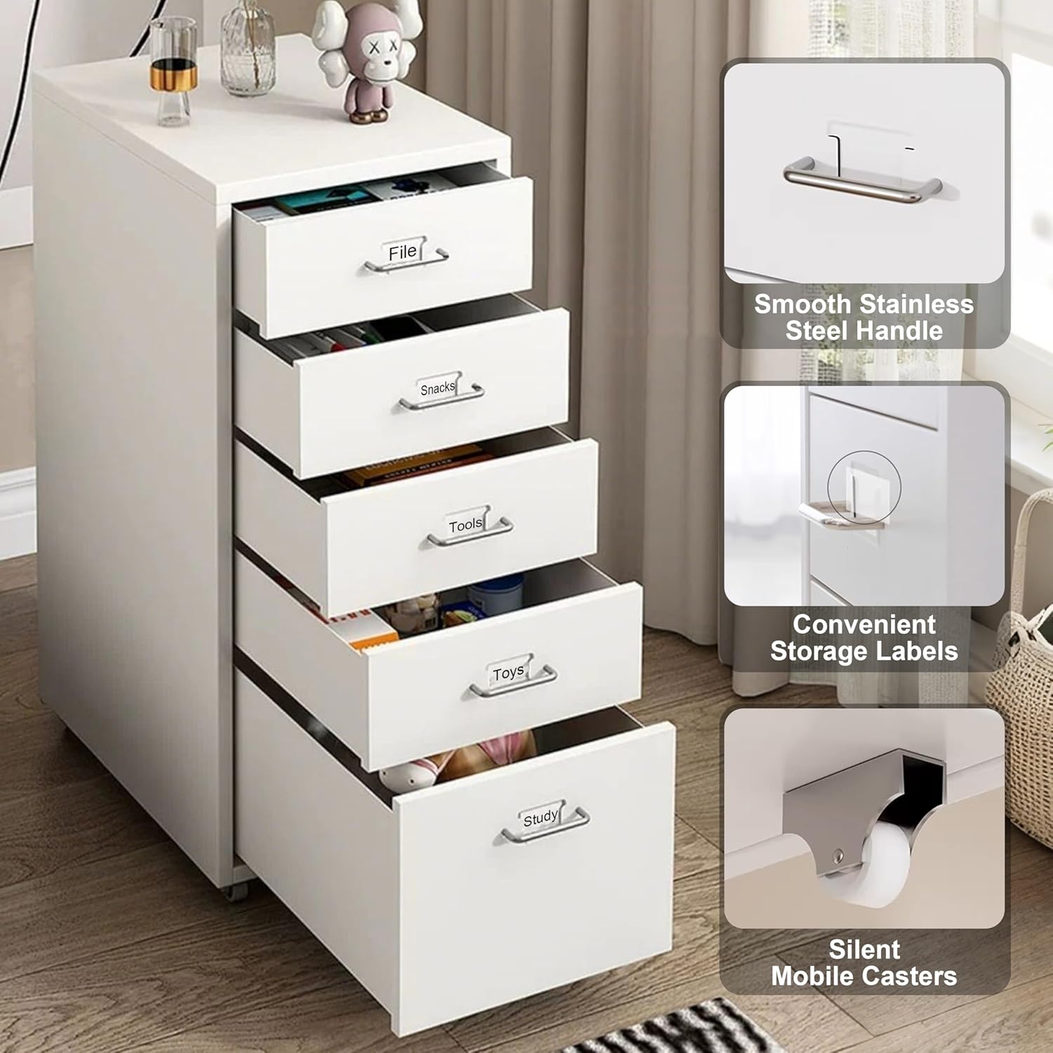 5 Drawer Metal File Cabinet, Under Desk Storage Organization with Wheels, Mobile Room Organization Furniture, Printer Stand for Home Office, Green