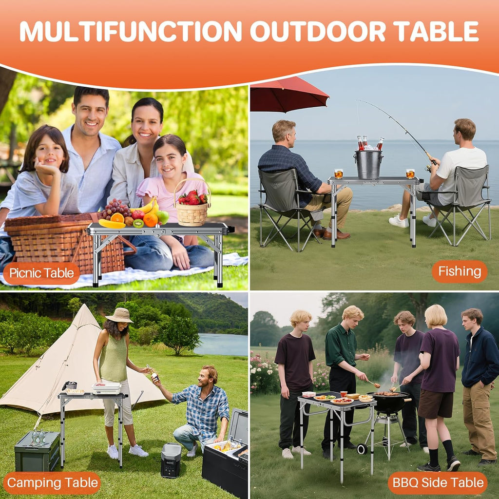 FUNYKICH 2ft Small Folding Camping Table(L22.8'' xW15.7''), 3 Height Adjustable Portable Picnic Table, Lightweight Aluminum Outdoor Tables with Carry Handle for Camping, Picnic, Silver