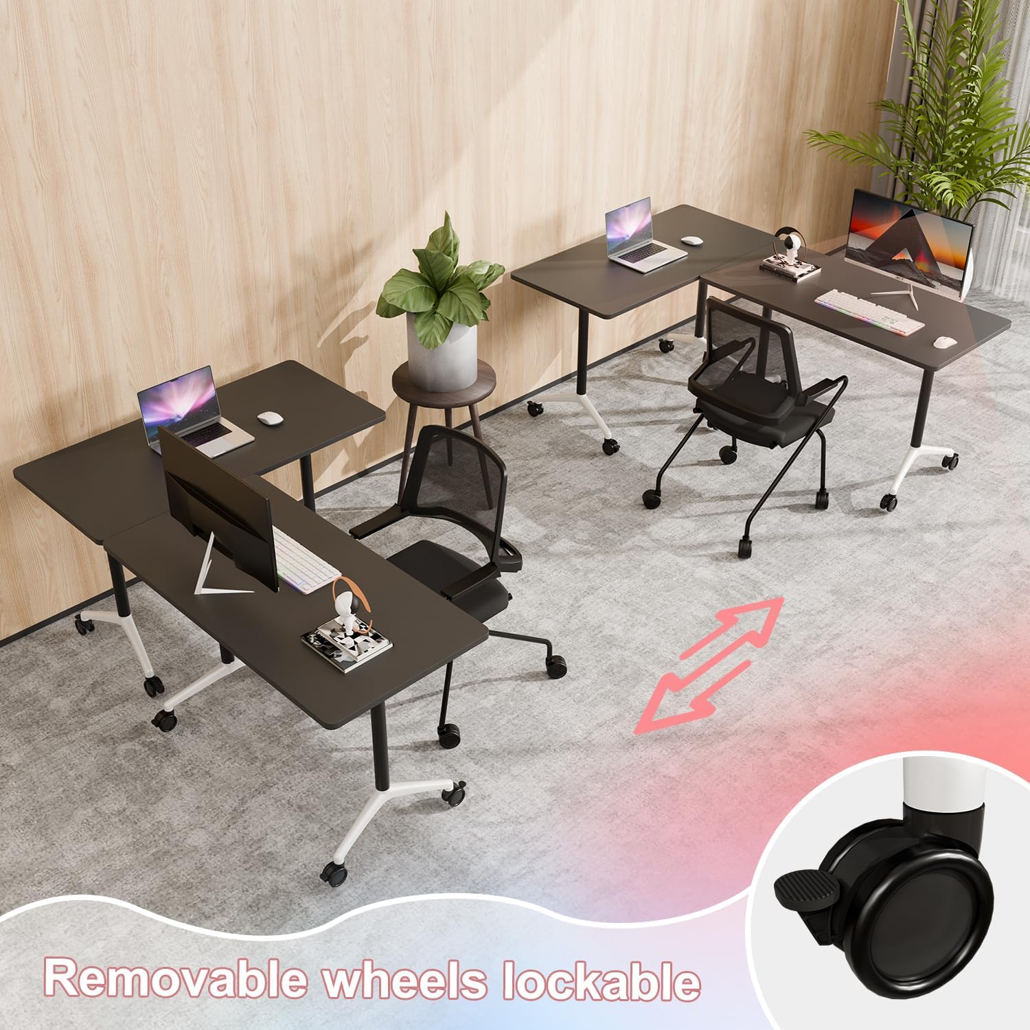 Black Folding Conference Tables with Silent Wheels, 4 Pack Commercial Office Meeting & Training Seminar Tables, Mobile Modular Conference Room Table with Strong Metal Frame for Company, School