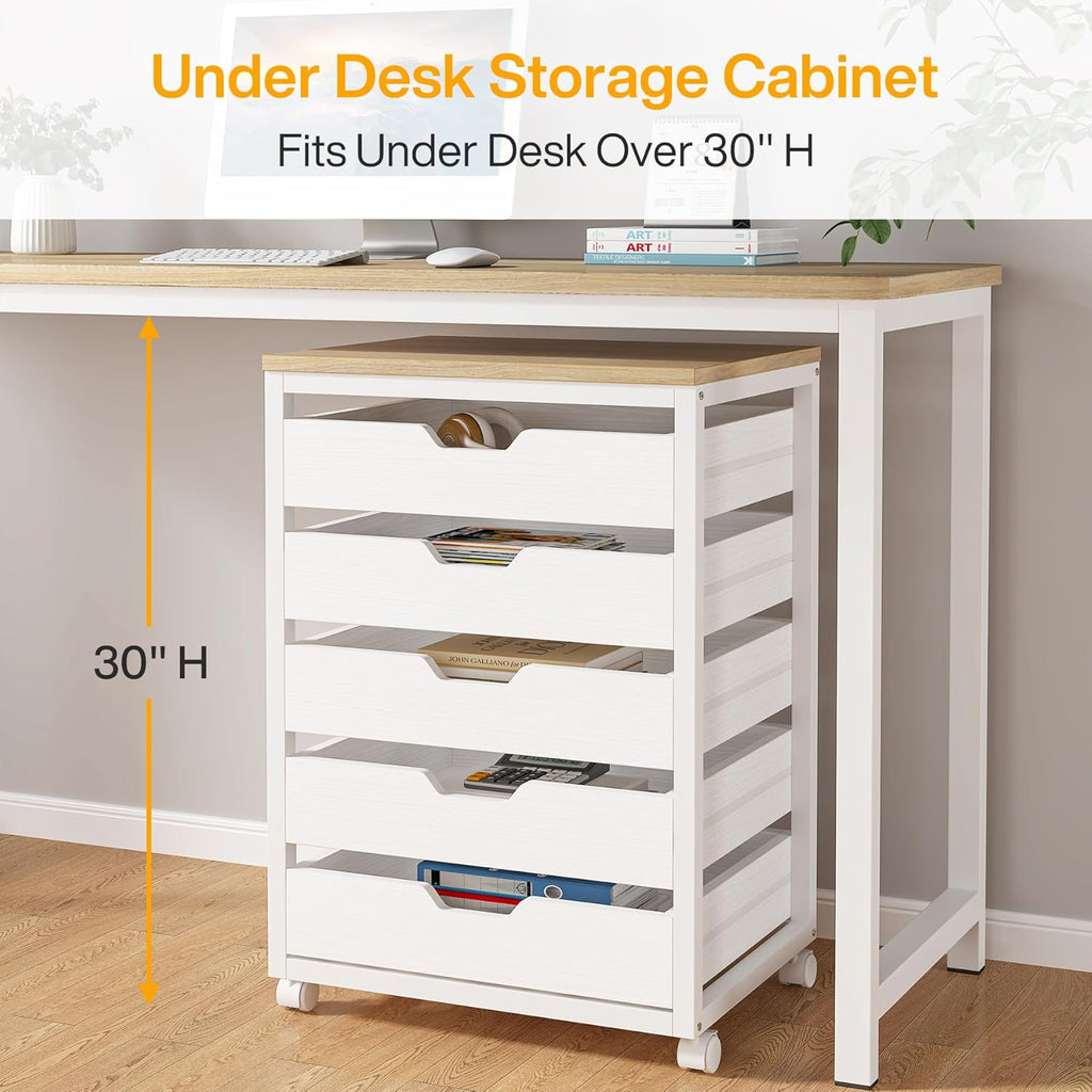 Tribesigns 5-Drawer File Cabinet, Wood Mobile Storage Drawer Unit, Modern Office Cabinet with Drawers & Wheels, Rolling Printer Stand for Home Office (White)