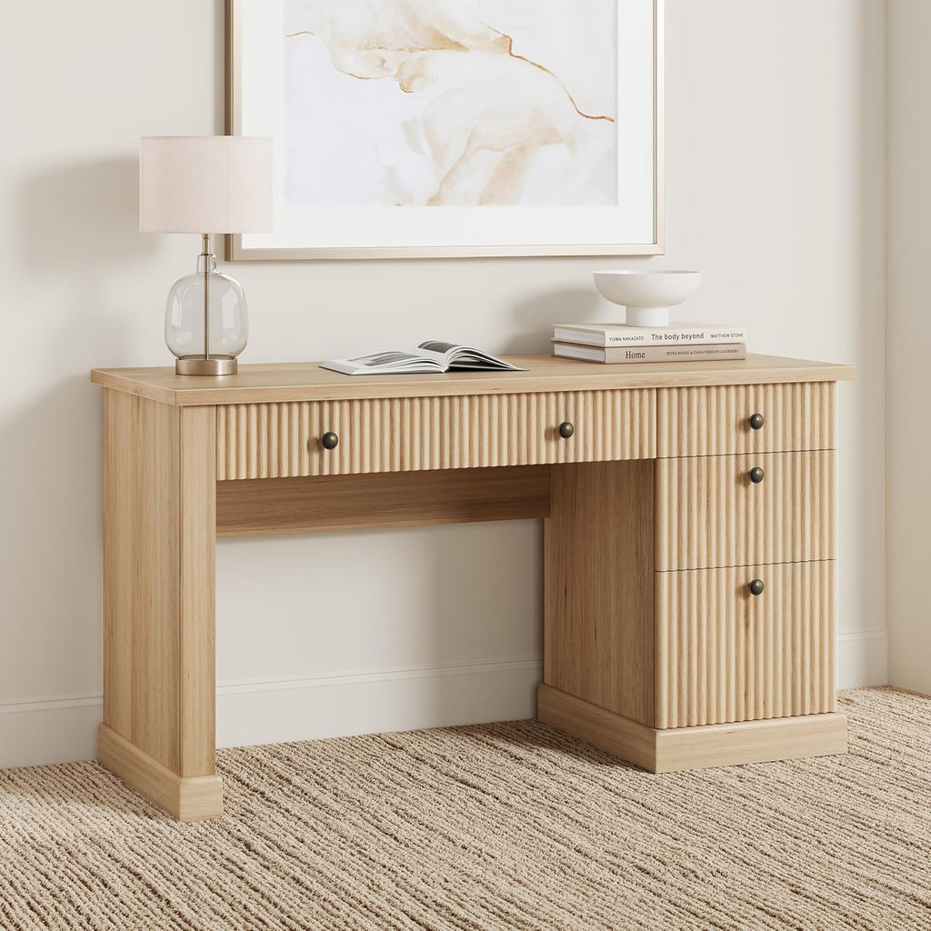 Garvee Fluted Home Office Desk Storage, 54" Modern Executive Desk with Charging Station, Wooden Computer Writing Desk with File Drawers for Study Room (Burlywood, 54.0”L x 21.6 "D x 30.0" H)