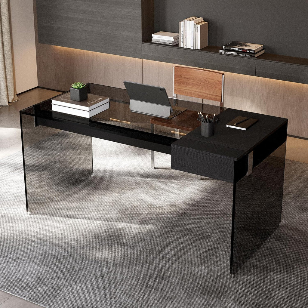 Clear Tempered Glass Writing Desk – Minimalist Modern Computer Table with Metal Joints for Home Office or Study (Black Glass Desk)