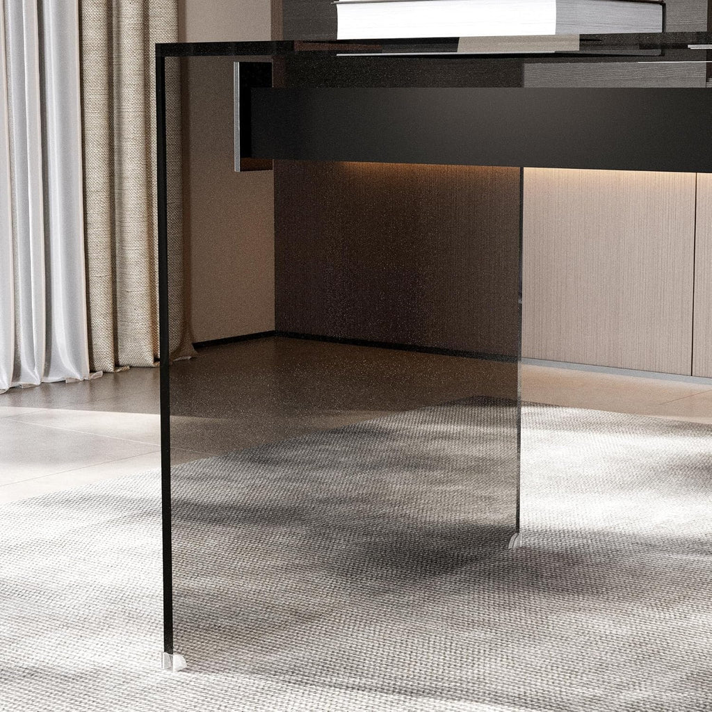 Clear Tempered Glass Writing Desk – Minimalist Modern Computer Table with Metal Joints for Home Office or Study (Black Glass Desk)